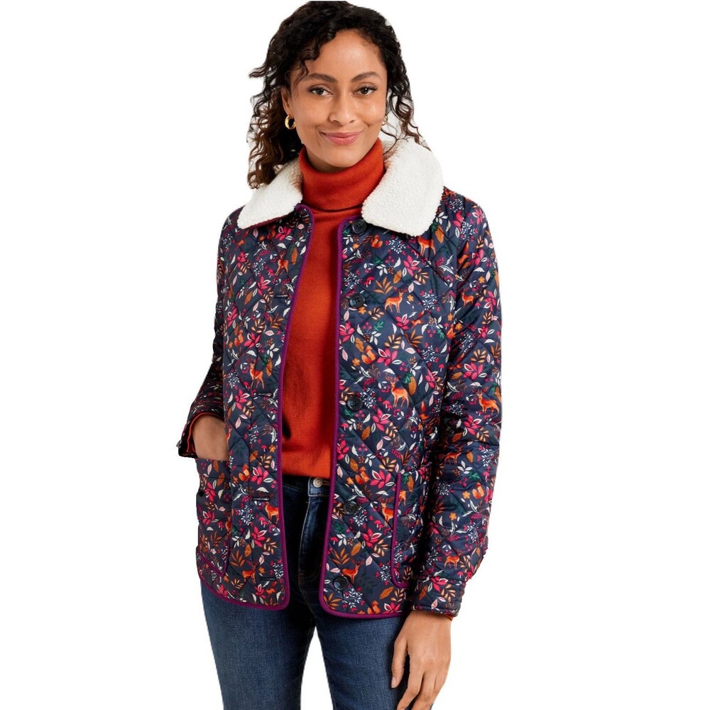 Talbots Womens Size XS Navy Ditsy Woodland Animal Print Quilted Bomber Jacket